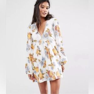 Free People Strawberry Fields smocked floral mini boho tunic festival dress XS